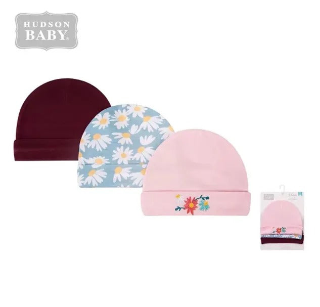 Hudson Baby 3 Piece Infant Caps (00865CH/Floral)