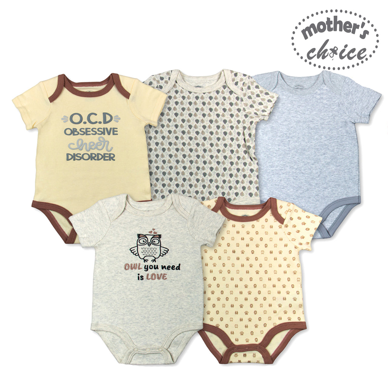 Mother's Choice 5 Pack Short Sleeve Onesie (Owl you need is Love/IT2491)