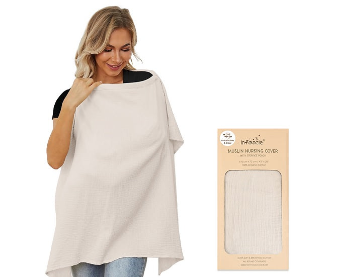 Infancie Organic Muslin Nursing Cover with Storage Pouch