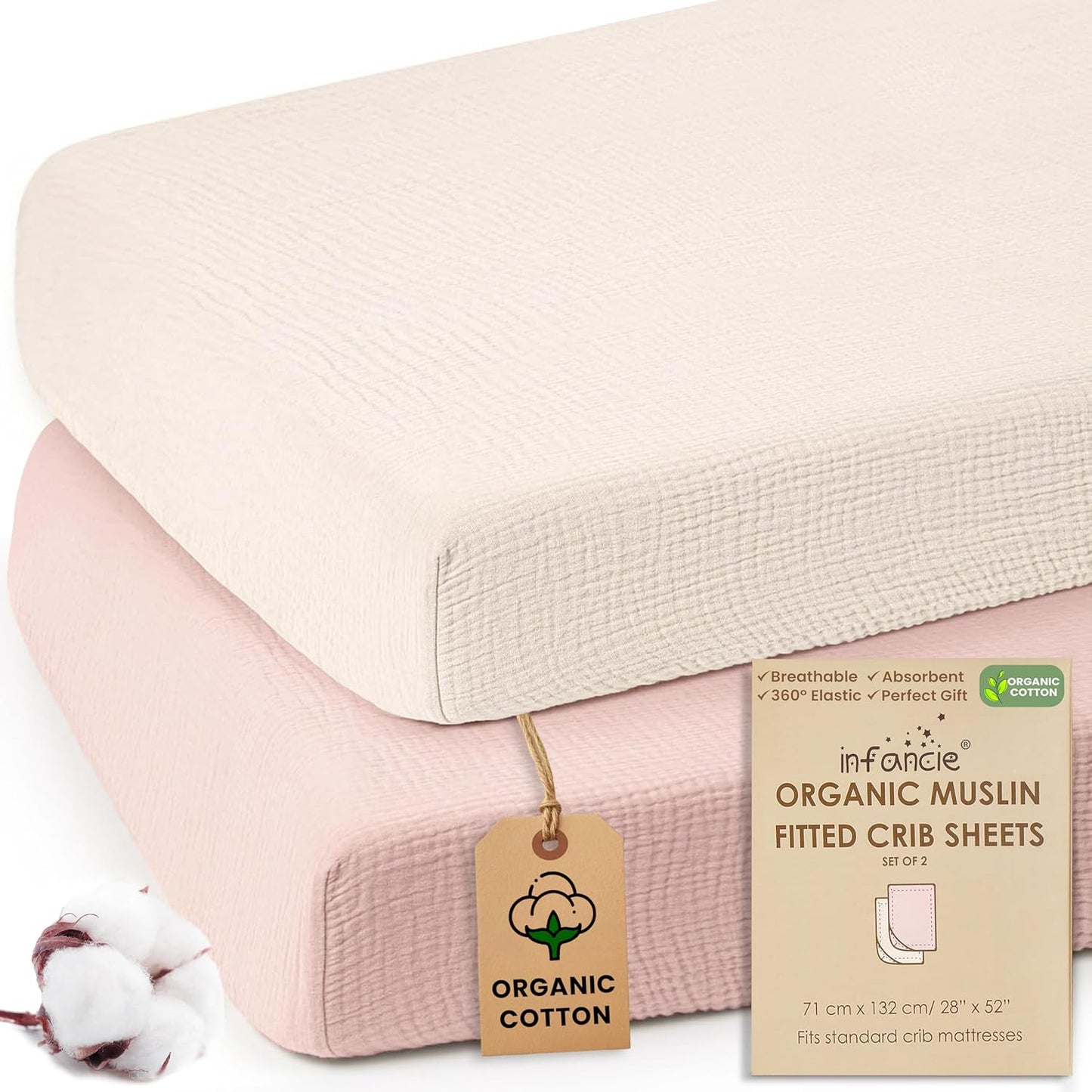 Infancie 2 Pieces Organic Muslin Fitted Crib Sheets