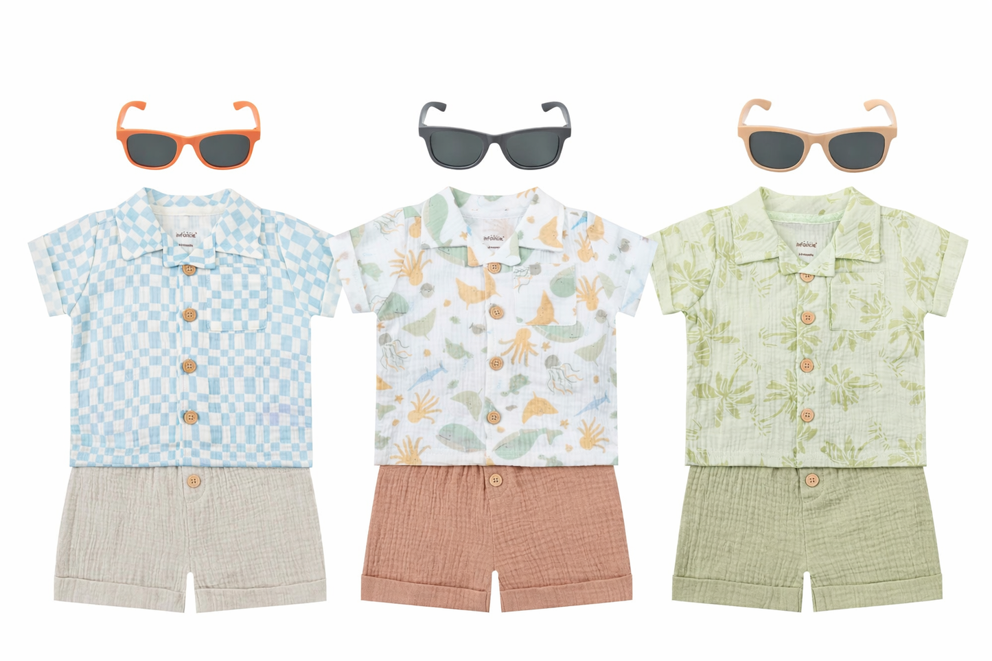 Infancie 3 Piece Baby Muslin Top, Shorts & Sunglasses
