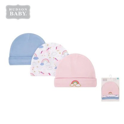 Hudson Baby 3 Piece Infant Caps (00864CH/Unicorn & Rainbows)