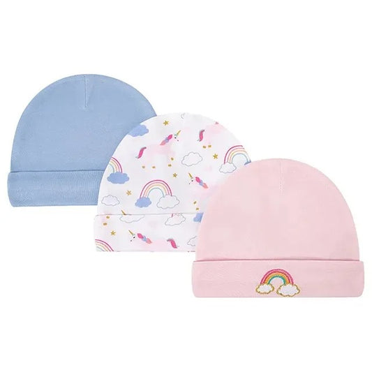 Hudson Baby 3 Piece Infant Caps (00864CH/Unicorn & Rainbows)