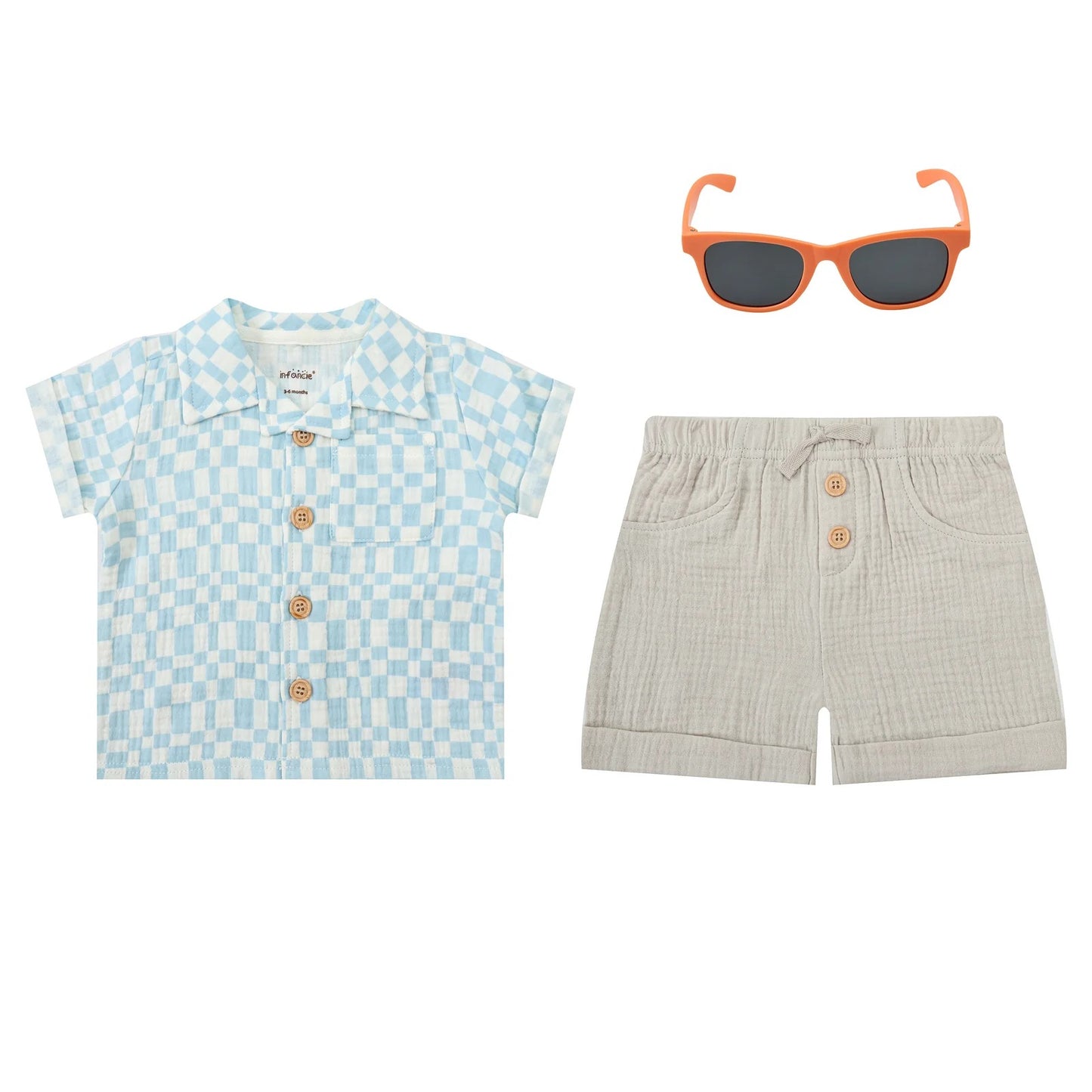 Infancie 3 Piece Baby Muslin Top, Shorts & Sunglasses