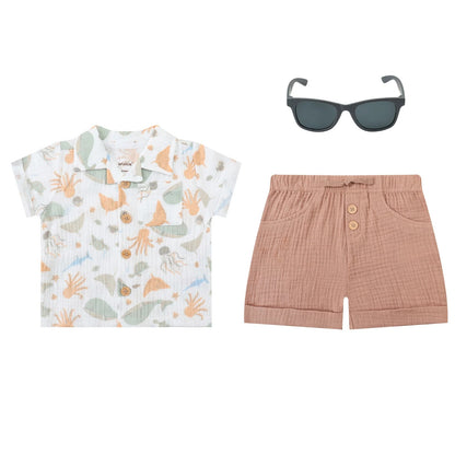 Infancie 3 Piece Baby Muslin Top, Shorts & Sunglasses