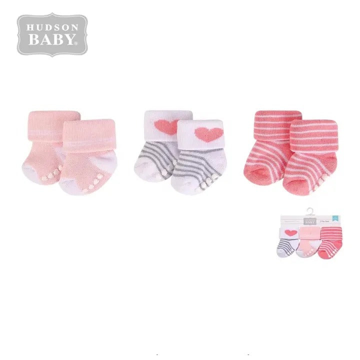 Hudson Baby 3 Piece Baby Socks with Non-Skid (00705CH/Heart)