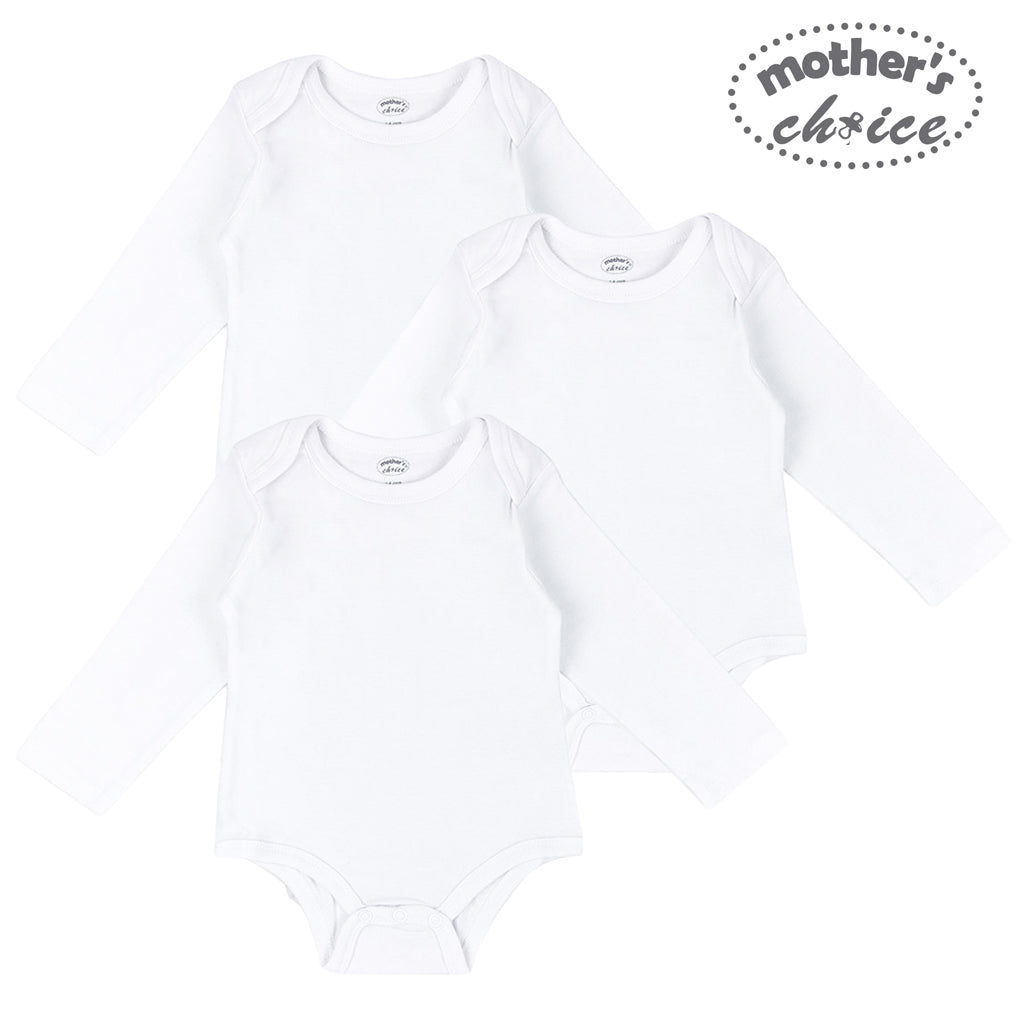 Mother's Choice White Collection 3 Pack Long Sleeve Bodysuits (Daily Essentials / IT2828)