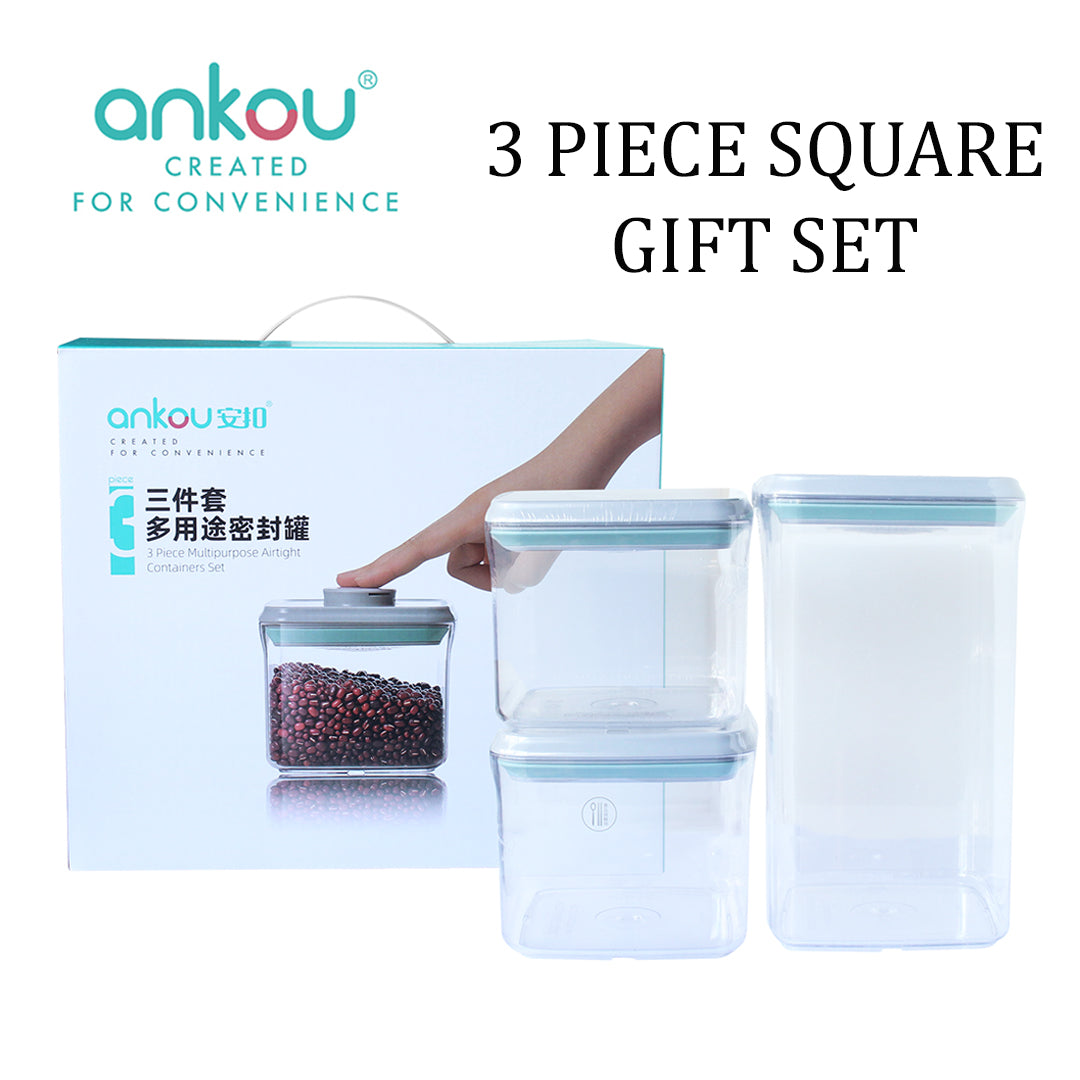 Ankou Airtight 3 Piece Multipurpose Airtight Food Storage Container Square Gift Set (850ml & 2000ml)