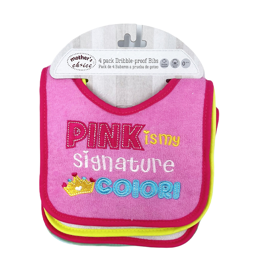 Mother's Choice 4 Pack Embroidered Baby Dribble-Proof Bibs (IT2522/Pink Is My Signature Color)