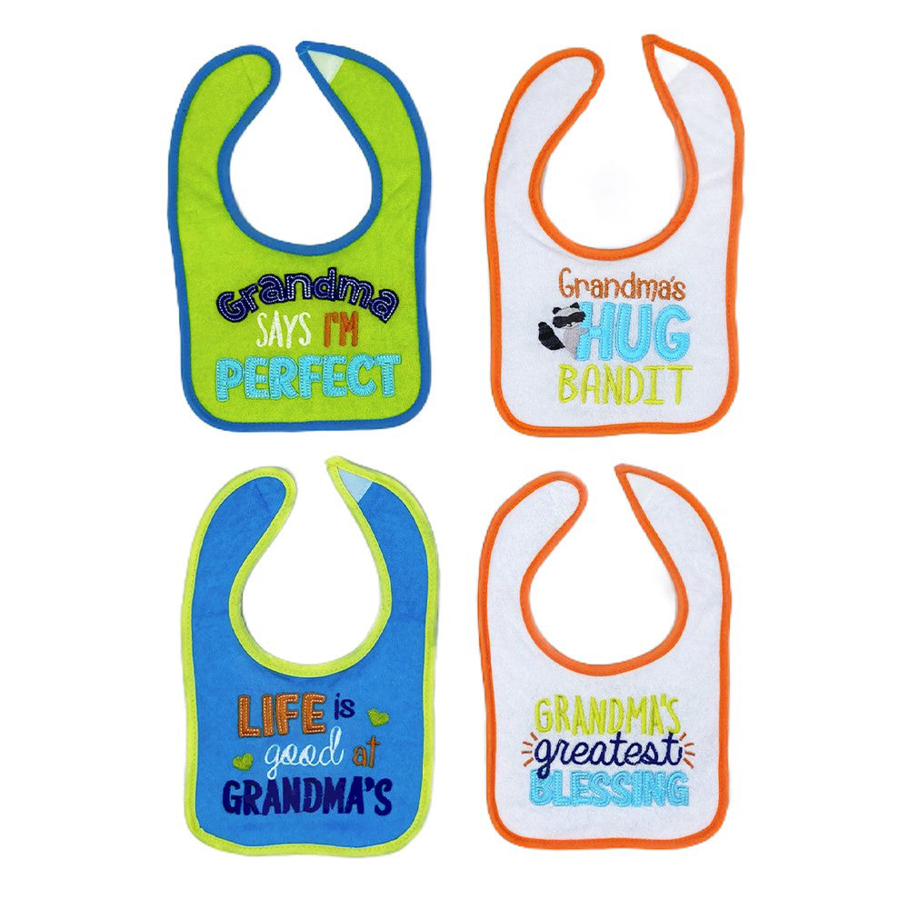 Mother's Choice 4 Pack Embroidered Baby Dribble-Proof Bibs (IT2524/Life Is Good at Grandma's)
