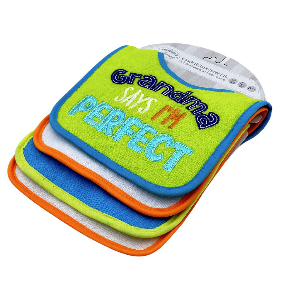 Mother's Choice 4 Pack Embroidered Baby Dribble-Proof Bibs (IT2524/Life Is Good at Grandma's)