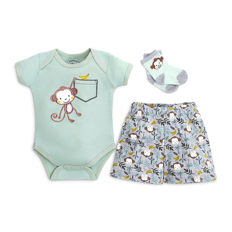 Mother's Choice 3 Pack Bodysuit, Shorts and Socks Set (IT3625/Cute Monkey)